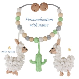 Organic crochet Stroller Chain w/ name,  2 lamas and tree (white), Sindibaba