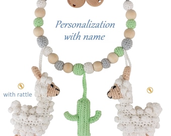 Organic crochet Stroller Chain w/ name,  2 lamas and tree (white), Sindibaba