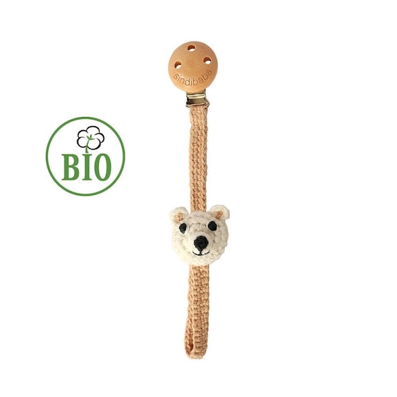 Crochet Bear BEN Pacifier Chain Organic Cotton, White, Gift for