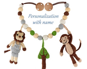 Crochet Stroller Chain w/ name,  Monkey (brown) and Lion, Sindibaba