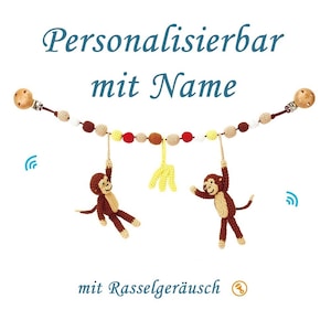 Crochet Stroller Chain w/ name,  2 Monkeys & Bananas (brown), Sindibaba