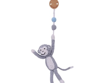 Crochet Pram toy w/ Monkey (grey) & Rattle，stroller toy, maxicosi toy, pram clip