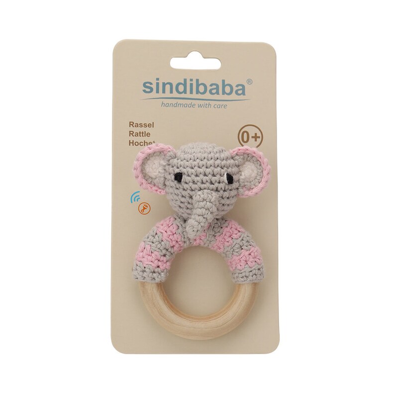 Elephant rattle crocheted with wooden ring pink image 2