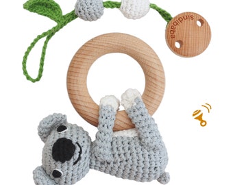 Crochet Organic Koala ( grey ) 2 in 1，pram toy, stroller toy, maxicosi toy, pram toy, grasp ring rattle, Sindibaba