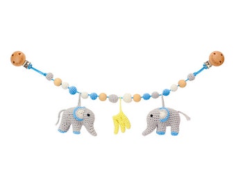 Crochet Elephant JUMBO Stroller Chain w/ Bananas, grey-blue