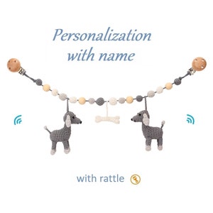 Crochet Dog LUCKY Stroller Chain with Personal Name, tree, grey, Sindibaba