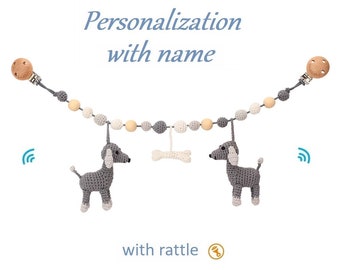 Crochet Dog LUCKY Stroller Chain with Personal Name, tree, grey, Sindibaba