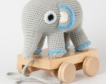 Crochet Elephant JUMBO on Wheels (grey-blue)