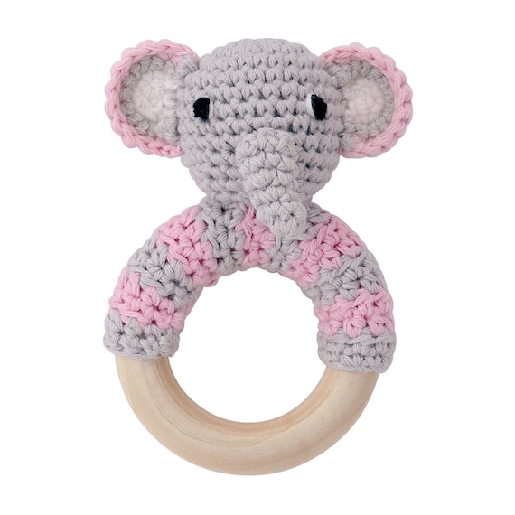 Sindibaba Childs Baby Teething Ring Rattle Handmade Crocheted Squirrel Pink New