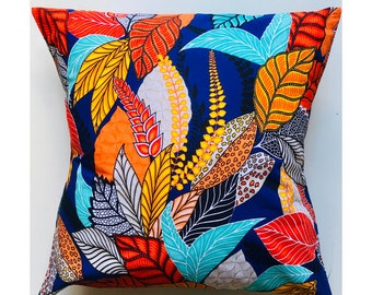 Colourful African Wax Print Cushion Cover | Orange & Turquoise Ankara Throw Pillow | Botanical Print | Handmade Home Decor