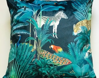 Teal Jungle Animal Cushion Cover | Velvet Tropical Throw Pillow | Safari Wildlife Decor | Living Room Cushion