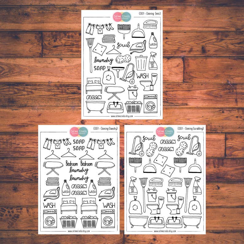 Cleaning Planner Stickers, Doodle Planner Stickers, Vacuum, Laundry, Trash, Household C007 image 1