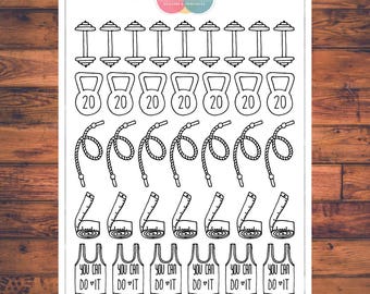 Workout Planner Stickers, Doodle Planner Stickers, Dumbbells, Weights, Jump Rope (C099)