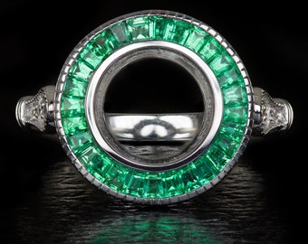 Vintage Emerald Diamond Bezel Green Halo Setting Art Deco Semi-Mount Ring 14K Wg (5030b-EM)