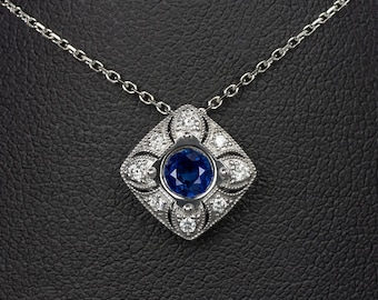 Vintage Style Sapphire Diamond Pendant Halo 18 Inch Necklace Round Art Deco Blue (MTO 5562-PEN-BS)