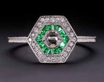 Diamond Emerald Vintage Ring Setting Round 4M Art Deco Style Semi Mount Antique (12131-EM)