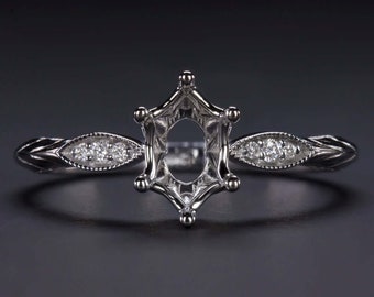 Diamond Engagement Ring Setting Oval Shape Vintage Style Semi Mount White Gold (MTO-14251)