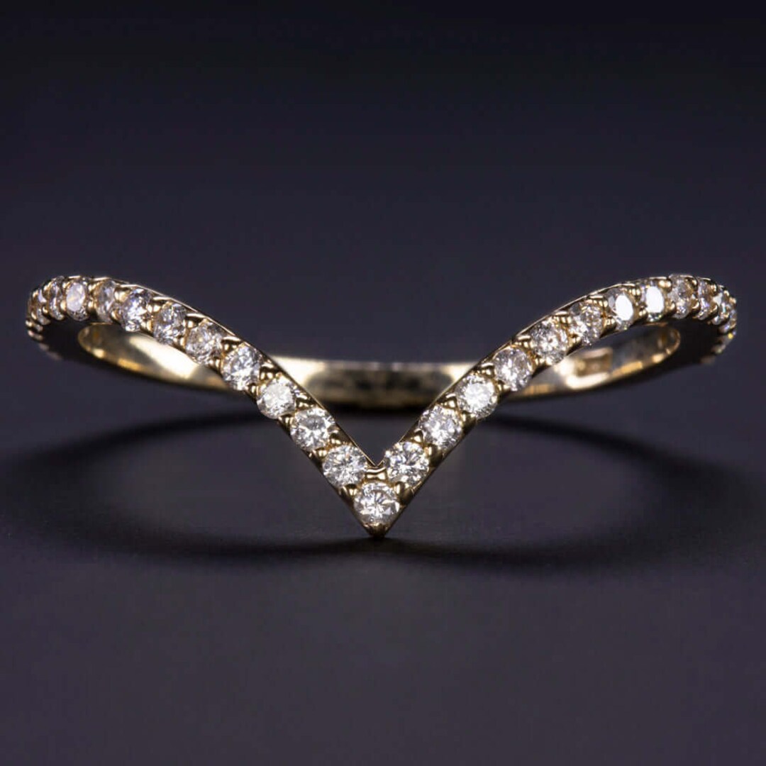 Diamond 14K Yellow Gold Wedding Band Pave V Ring Contour Chevron ...