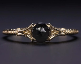Anello solitario con spinello nero in oro 10 carati, 5 mm, taglio rosa, stile vintage, delicato, ideale per una promessa d'amore (MTO-6092-Bspinel-10k)