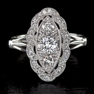 0.67C Diamond Navette Ring Vintage Style Cocktail 14K White Gold Antique Natural (MTO 9349-DIA)
