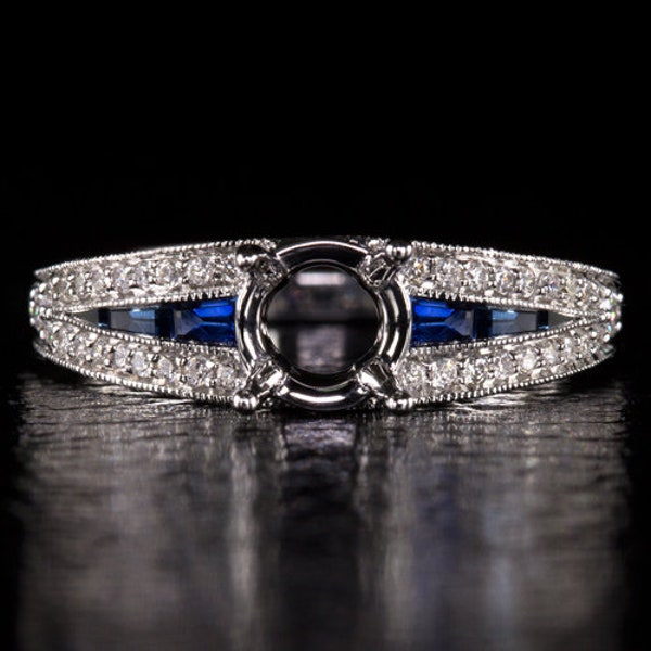 Anello di fidanzamento con diamanti e zaffiri blu in stile vintage, montatura Art Déco (10510-BS)