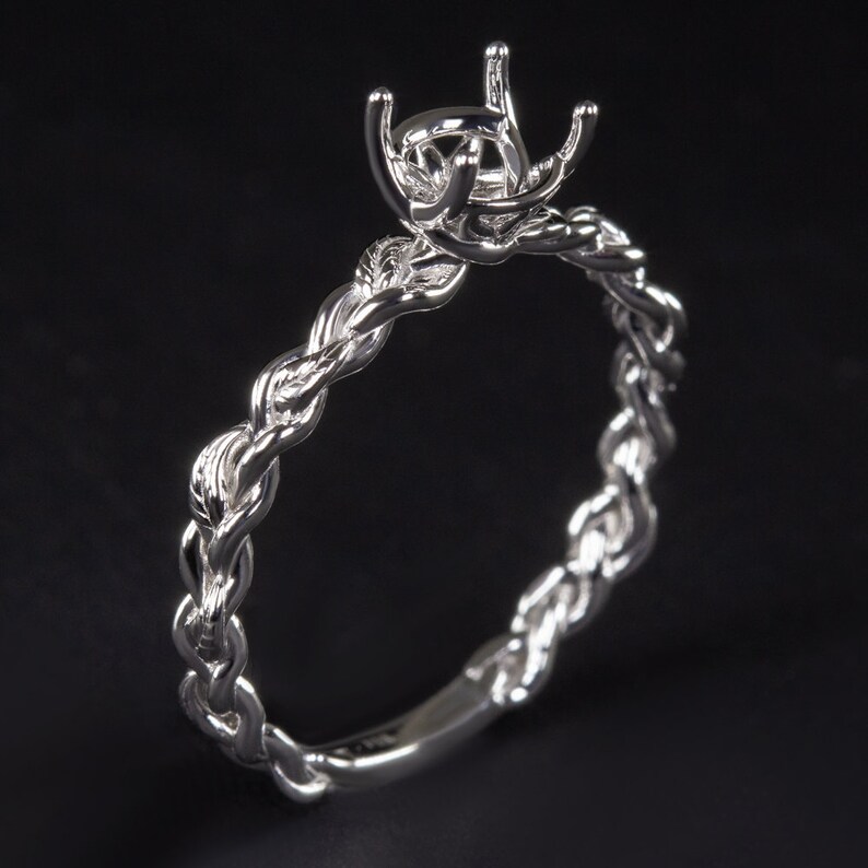 12592 14K White Gold 6mm Solitaire Engagement Ring Setting Twist Vine Braid Semi Mount Round Cut Botanical Nature