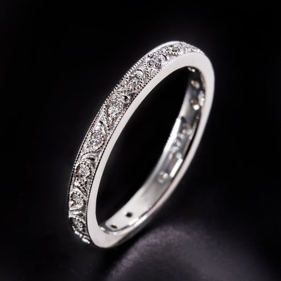 Diamond Vintage Filigree Wedding Band Floral Ring 14K Eternity Art