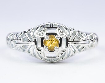 Citrine Vintage Style Cocktail Ring Sterling Silver Dainty Filigree Round Yellow (18299-CT)