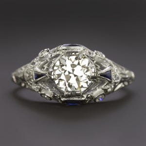 1Ct Diamond Vintage Engagement Ring Art Deco Sapphire Platinum Old European Cut (21368)