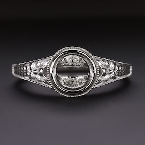 Vintage Style Ring Setting Bezel Mount Floral Engraved 14K White Gold Engagement (MTO-19102)