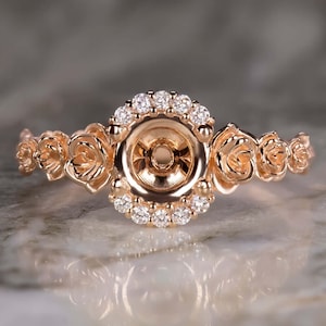 Floral Natural Diamond Ring Setting 14K Rose Gold Flower Engagement Semi Mount Botanical Nature Inspired Flowers (MTO-12593-RG)