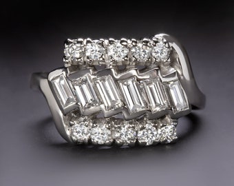 F-G Vvs-Si1 0.9Ct Diamond Palladium Ring Vintage Cocktail Natural Baguette Round Cut Retro Estate Unique (13121)