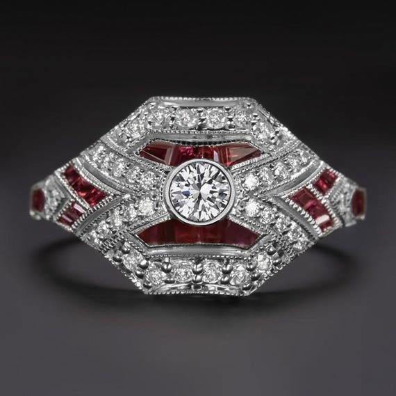 ルビーダイヤモンド アールデコスタイル リング 14K ホワイトゴールド 