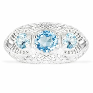 Swiss Blue Topaz Sterling Silver Vintage Style Ring 3 Stone Art Deco Filigree (18274-SWBT)