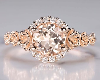 Morganite Diamond 10K Rose Gold Ring Branch Flower Rustic Pink Peach Round Cut (MTO-12593-MORG-10k)
