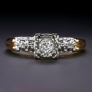 Vintage Diamond Engagement Ring Round Cut 14K Two Tone Gold Illusion Setting (19662)