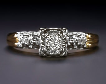 Vintage Diamond Engagement Ring Round Cut 14K Two Tone Gold Illusion Setting (19662)