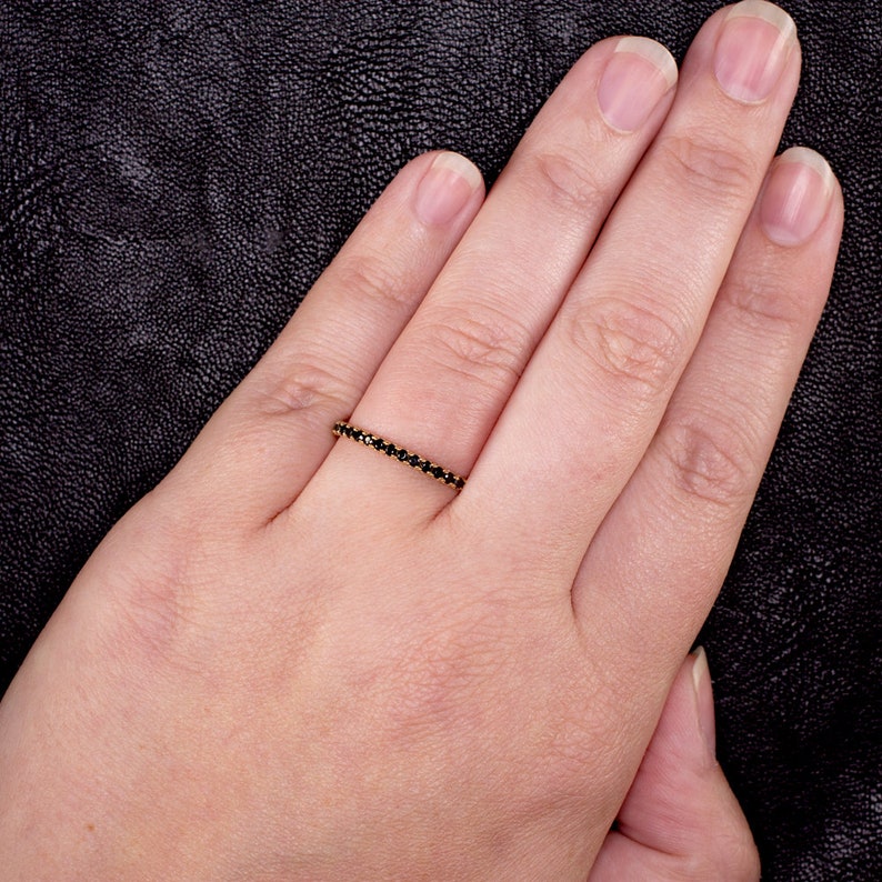14K Yellow Gold Natural Black Spinel Eternity Ring Stacking Wedding ...