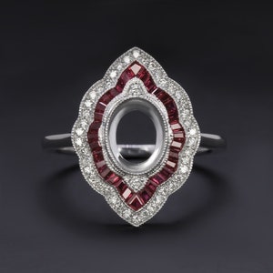 Anillo de rubí con diamante ovalado estilo vintage, engaste de doble halo, calibre rojo (18186-RB)