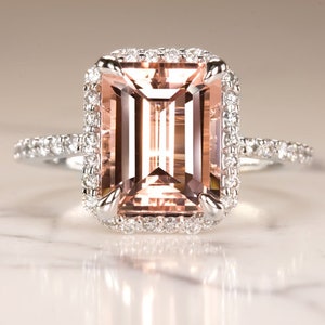 2.7Ct Emerald Cut Peach Morganite Natural Diamond Engagement Ring Halo 14k White Gold Pink Statement Cocktail Ring Big (11749-WG)