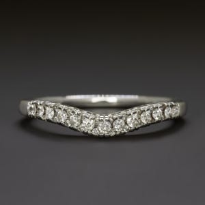 Diamond Contour Wedding Band Stacking V Ring Natural 14K White Gold Round Curved (23929)