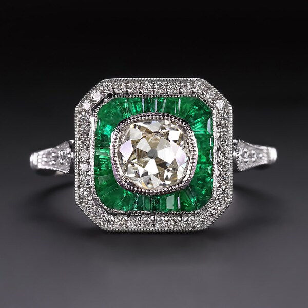 Old Mine Cut Diamond Emerald Cocktail Ring Vintage Style White Gold Calibre Halo (20005-17324-16251-EM)