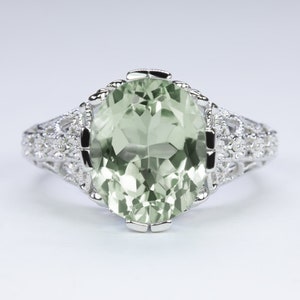 Green Amethyst Sterling Silver Vintage Style Ring Art Deco Oval Shape Solitaire (18301-GAM)