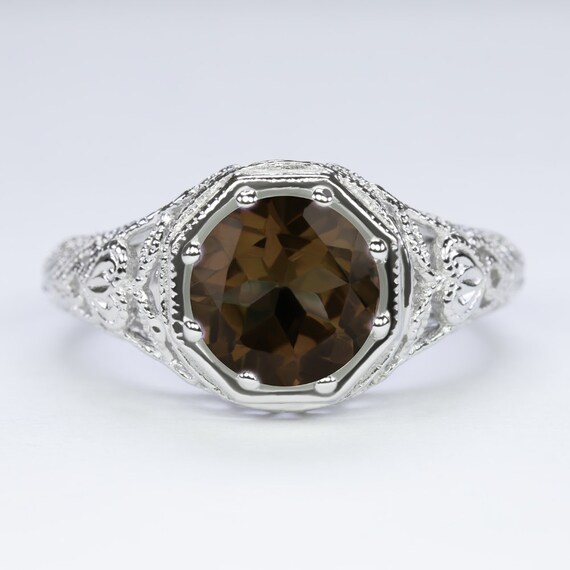 Smoky Quartz Sterling Silver Ring Vintage Style Art Deco Filigree Round Cut (18302-SMQZ) Smoky Quartz Sterling Silver Ring Vintage Style Art Deco Filigree Round Cut (18302-SMQZ)