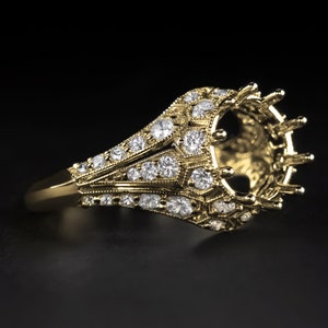 Vintage Style Diamond Ring Semi Mount Setting Art Deco 14K Yellow Gold 9Mm Round (MTO-12616-YG)