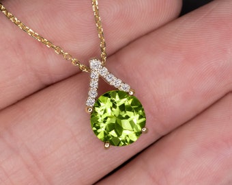 Peridot Natural Diamond Pendant 14K Yellow Gold Necklace Green August Birthstone (MTO-12774-8.0-YG-PR)