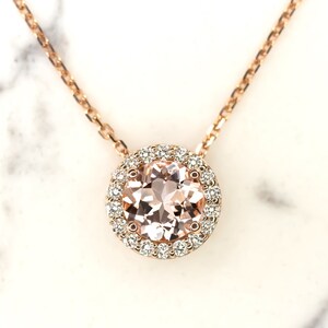 Natural Morganite Diamond Halo Pendant Necklace Round Cut Rose Gold Peach Pink Everyday Necklace Gift (MTO-13212)
