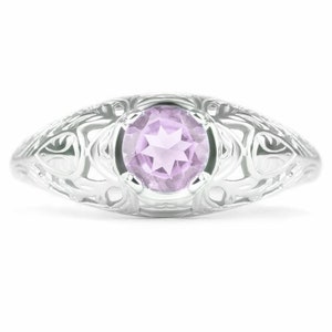 Pink Amethyst Sterling Silver Vintage Style Solitaire Ring Floral Promise Purple (18269-PAM)