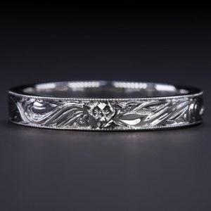 3.5Mm Engraved Vintage Wedding Band 14K White Gold Ring Antique Floral Orange Blossom Stacking Ring (14262)