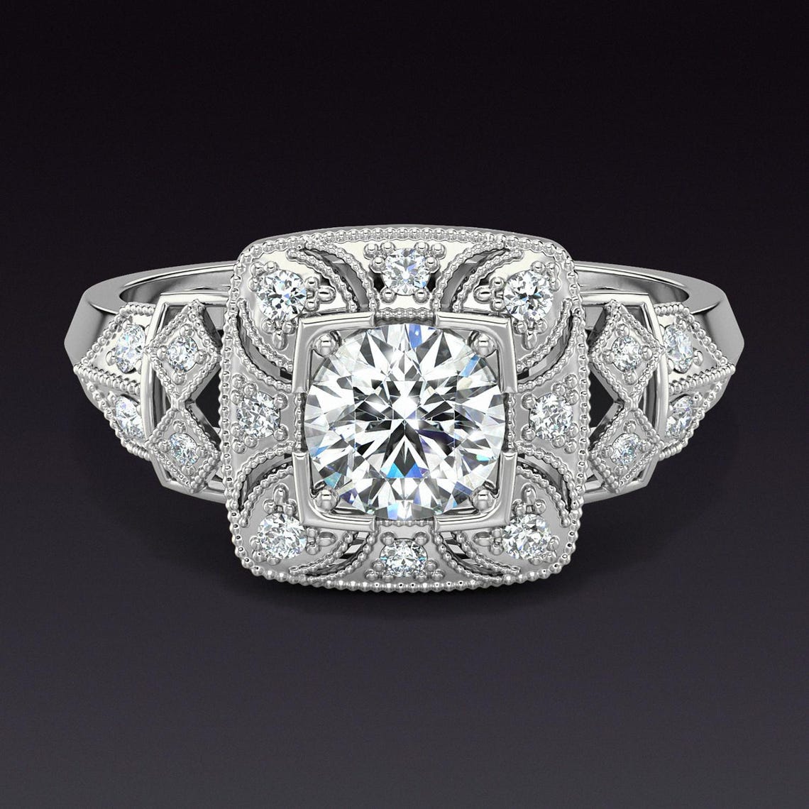 Art Deco Mount 5.5mm Round Cushion Diamond Vintage Style Engagement ...